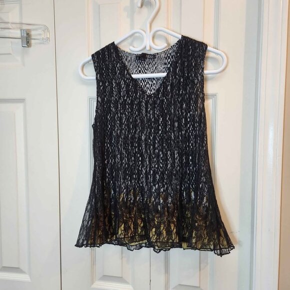 [L] Ness Dressy Sleeveless Blouse V-Neck Black Top mesh two layers sz la… - Picture 1 of 10